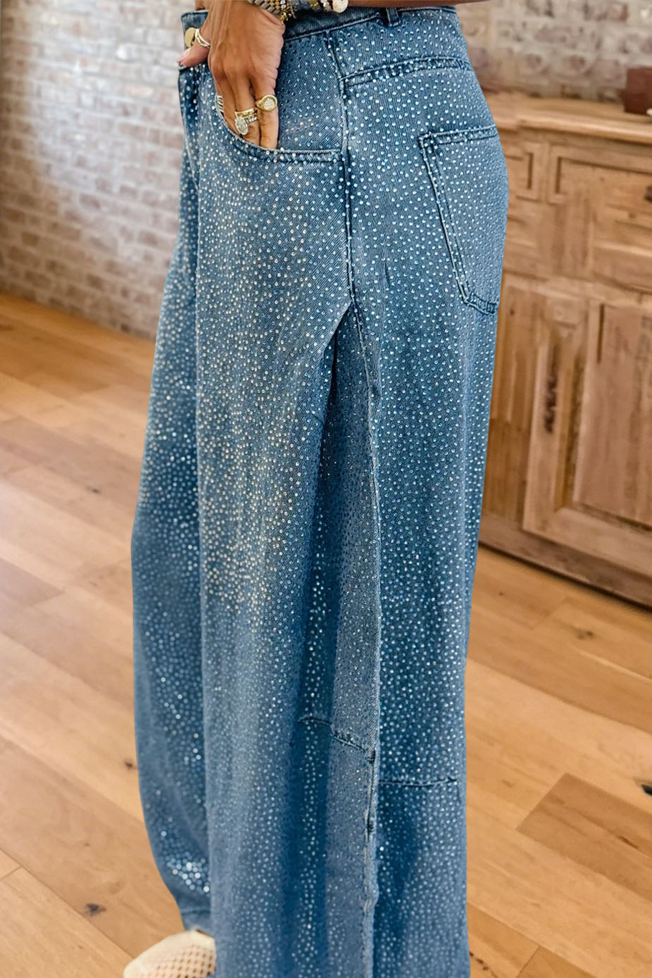 Rhinestone High Waist Wide Leg Jeans