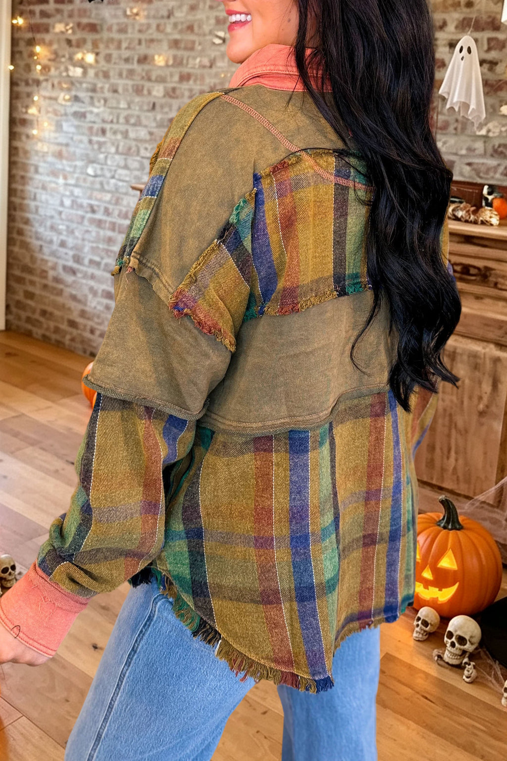 Plaid Raw Hem Henley Pullover Top