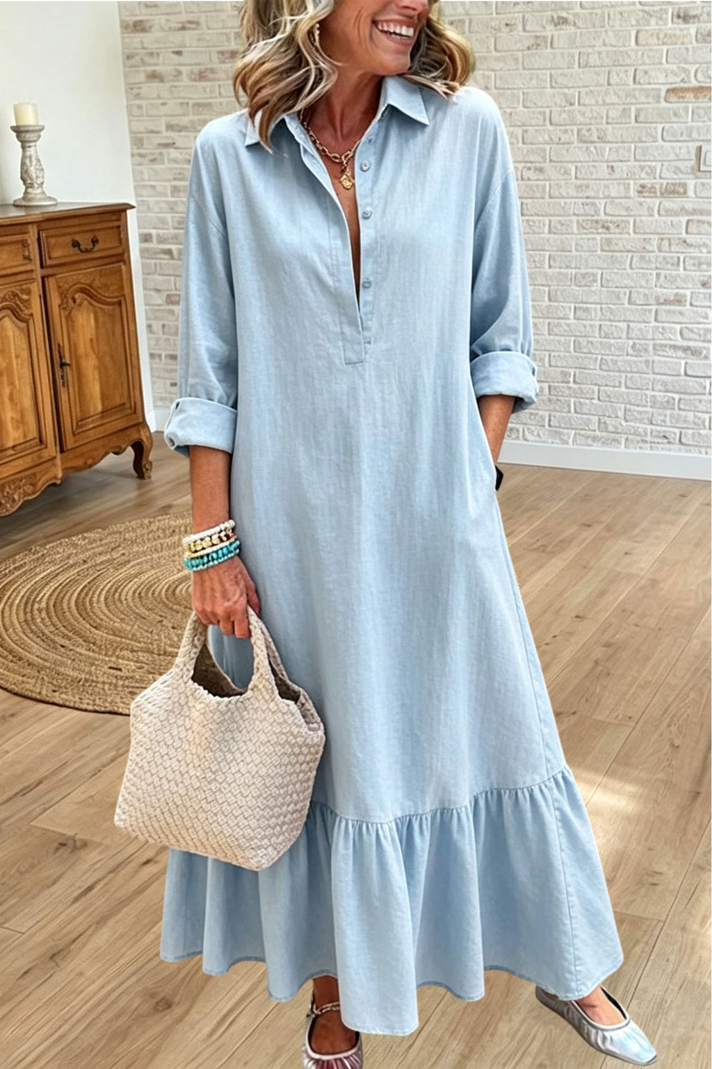 Long Sleeve Tiered Shirt Maxi Dress
