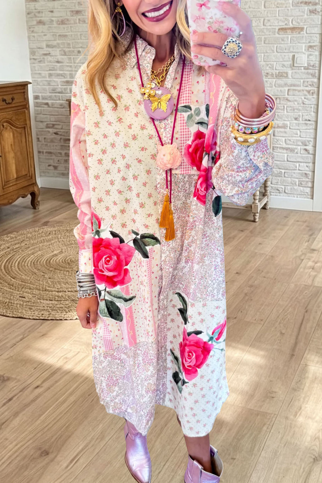 Floral Patchwork Button Shirt Dress