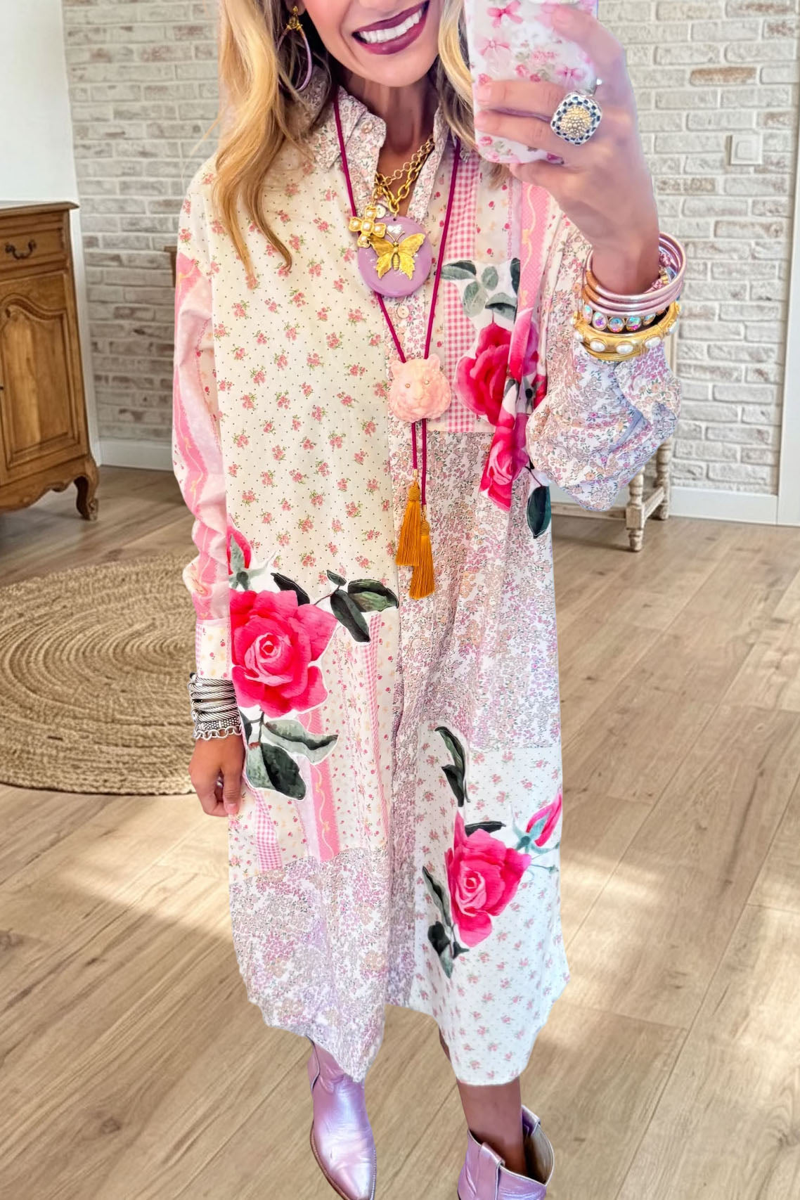 Floral Patchwork Button Shirt Dress