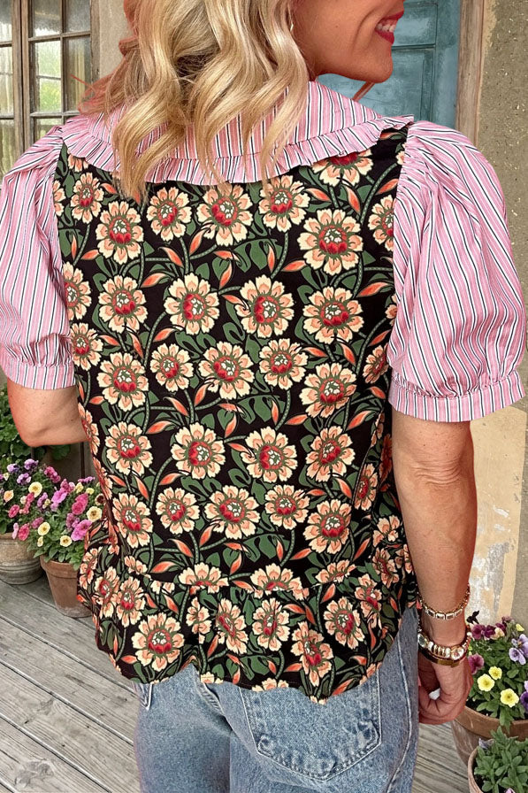 Floral Striped Ruffle Collar Top