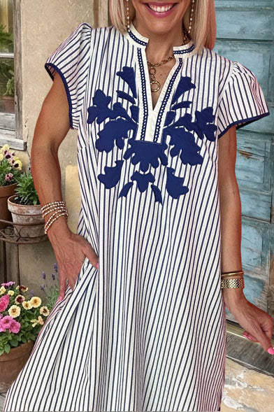 Striped Embroidered V-Neck Maxi Dress