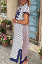 Striped Embroidered V-Neck Maxi Dress