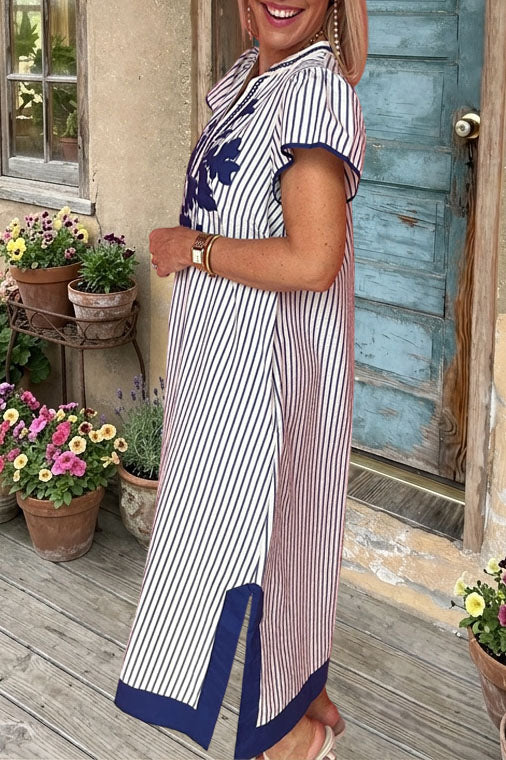 Striped Embroidered V-Neck Maxi Dress