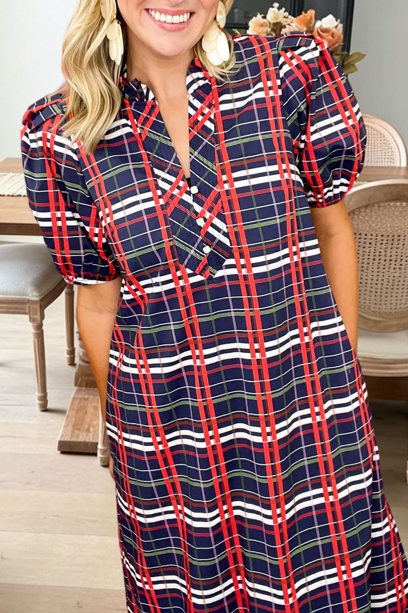Plaid Short Sleeve V Neck Midi Dress