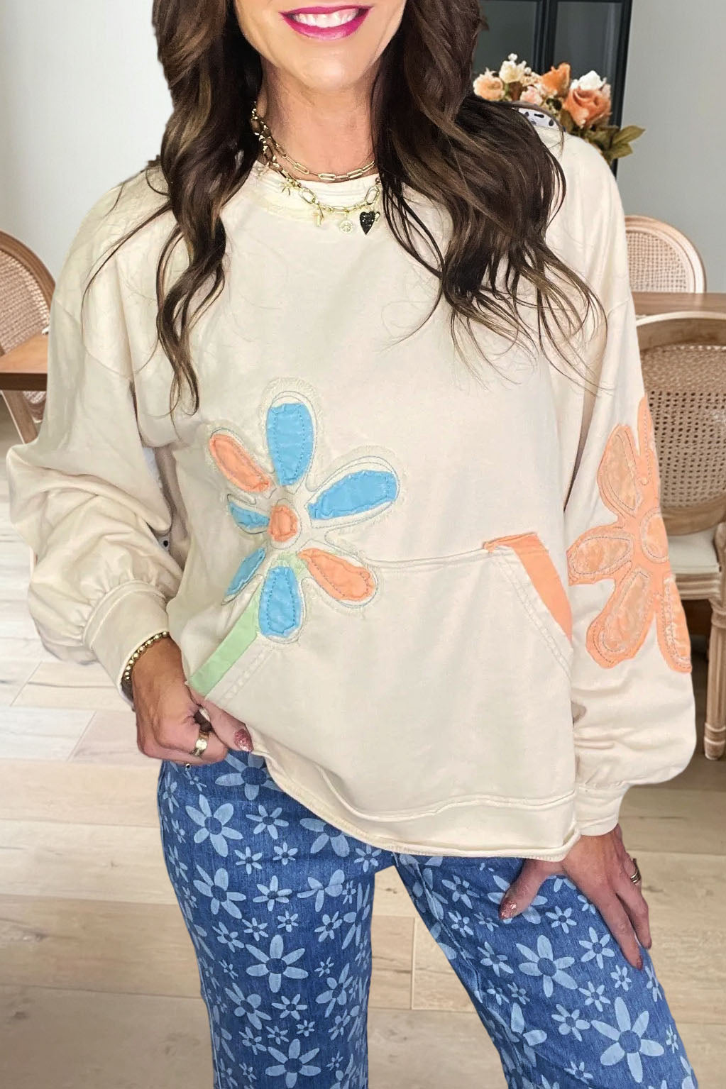 Floral Appliqué Pocket Sweatshirt