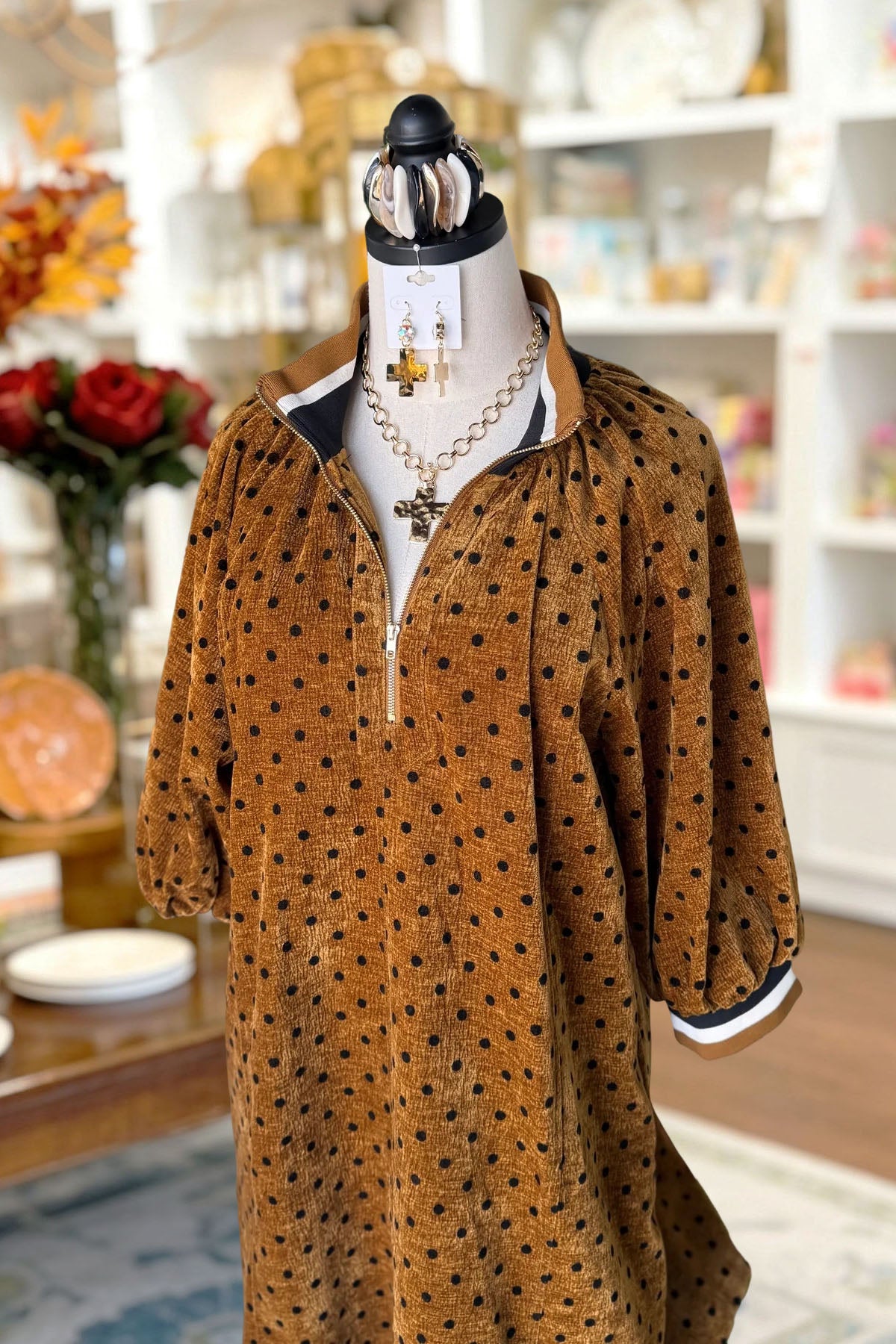 Polka Dot Zipper Corduroy Dress