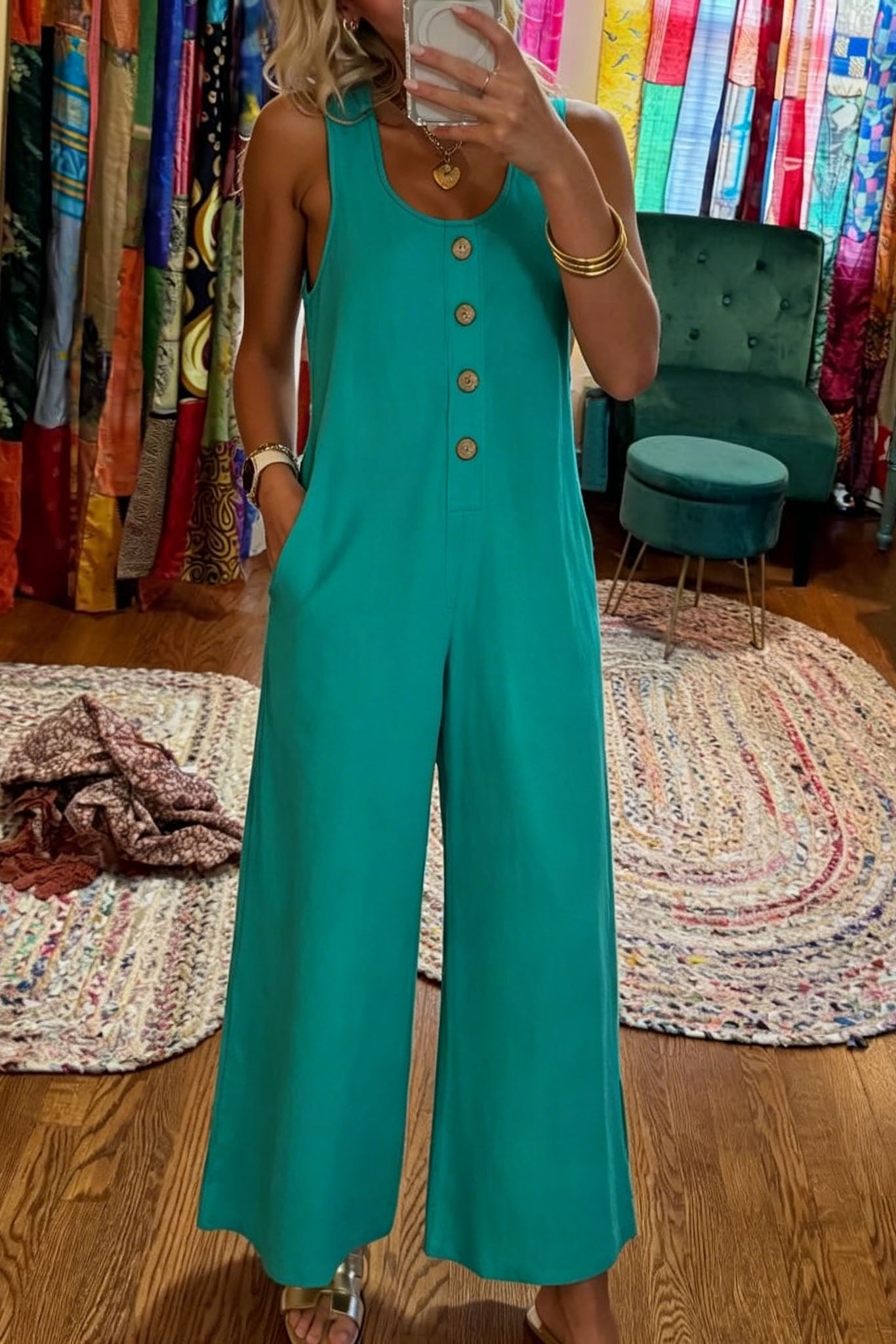 Button Sleeveless Wide Leg Jumpsuit