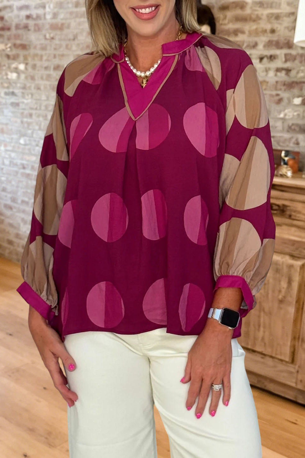 Geometric Print V Neck Blouse