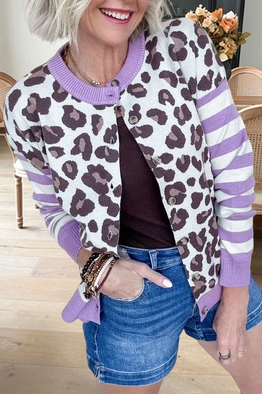 Leopard Striped Button Knit Cardigan