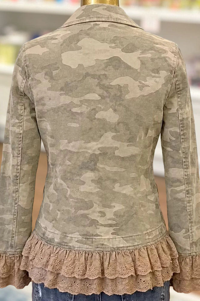 Camo Ruffle Lace Trim Casual Jacket