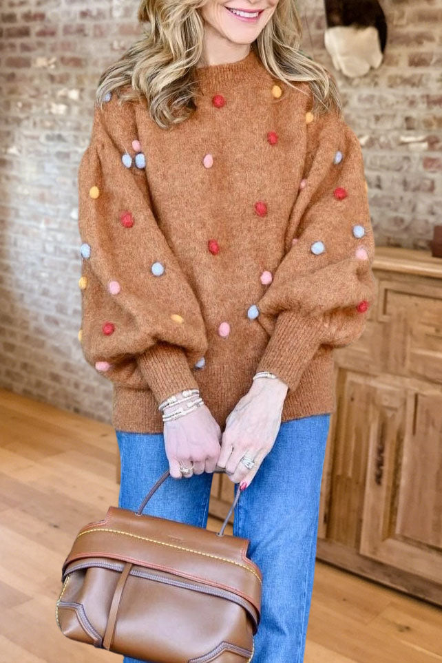 Polka Dot Pom Lantern Sleeve Sweater