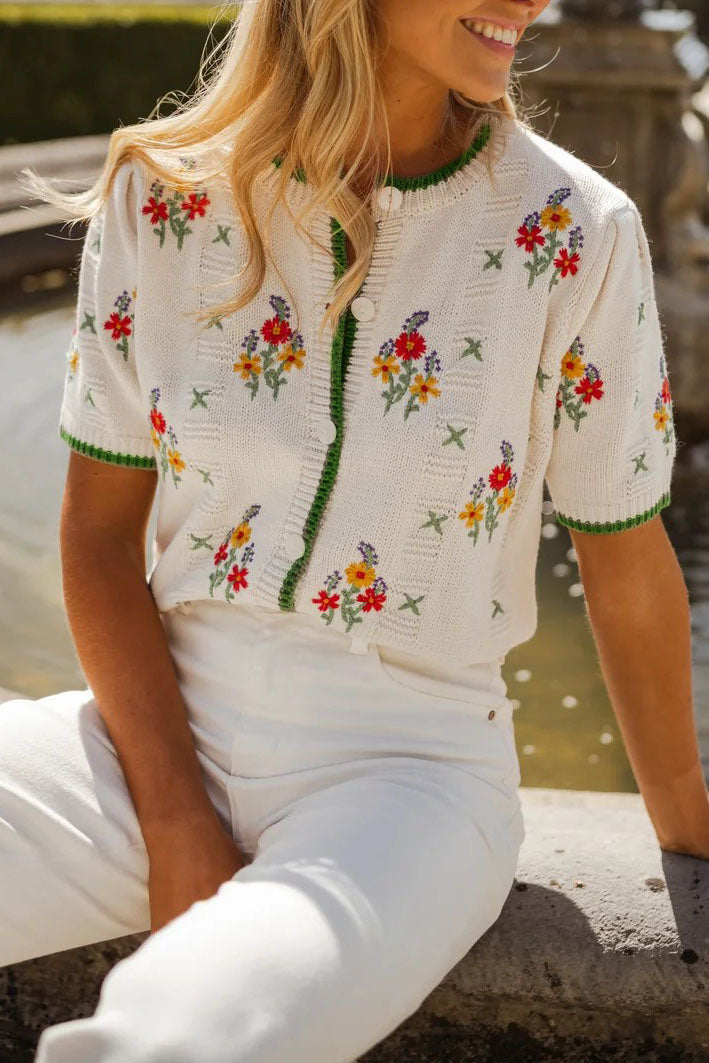 Floral Embroidered Short Sleeve Sweater