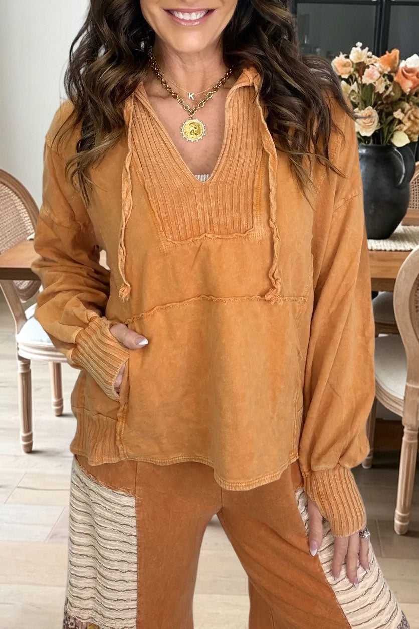 V-Neck Washed Hooded Top