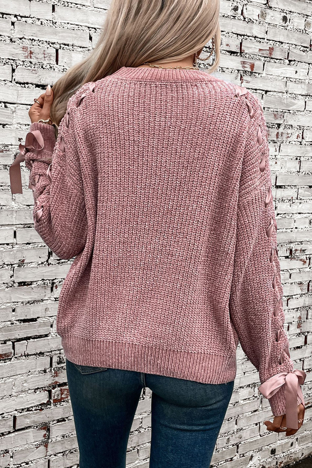 Ribbed Knit Lace-Up Bow Sleeve Sweater