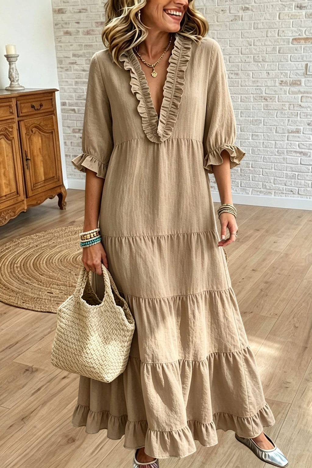 Ruffle V Neck Maxi Dress