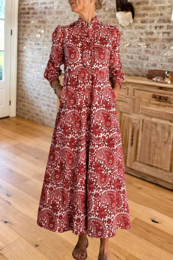 Paisley Print Long Sleeve Maxi Dress