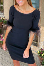 Feather Trim Ribbed Bodycon Dress