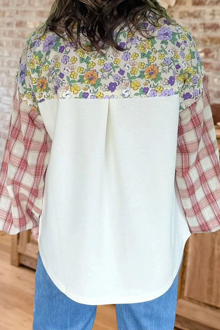 Floral Plaid Patchwork V-Neck Top
