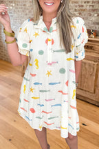 Sea Print Ruffle Puff Sleeve Pocket Dress