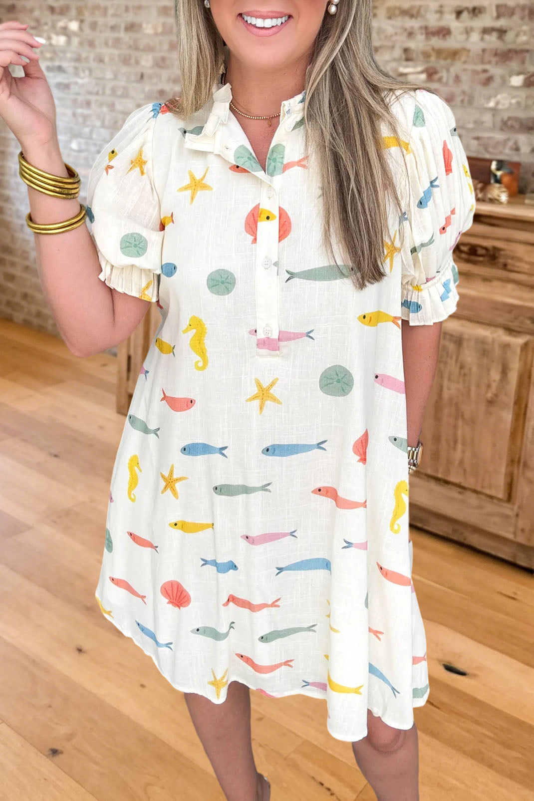 Sea Print Ruffle Puff Sleeve Pocket Dress