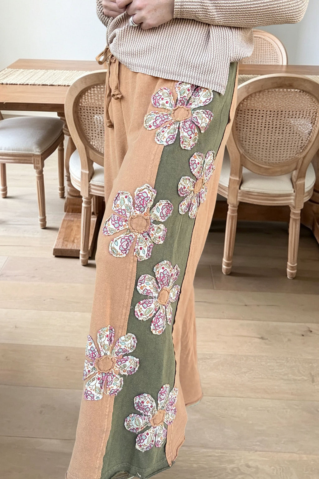Floral Patchwork Drawstring Wide Leg Pants