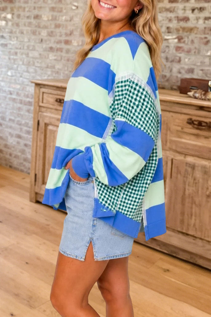 Mixed-pattern Striped And Plaid Casual Sweatshirt