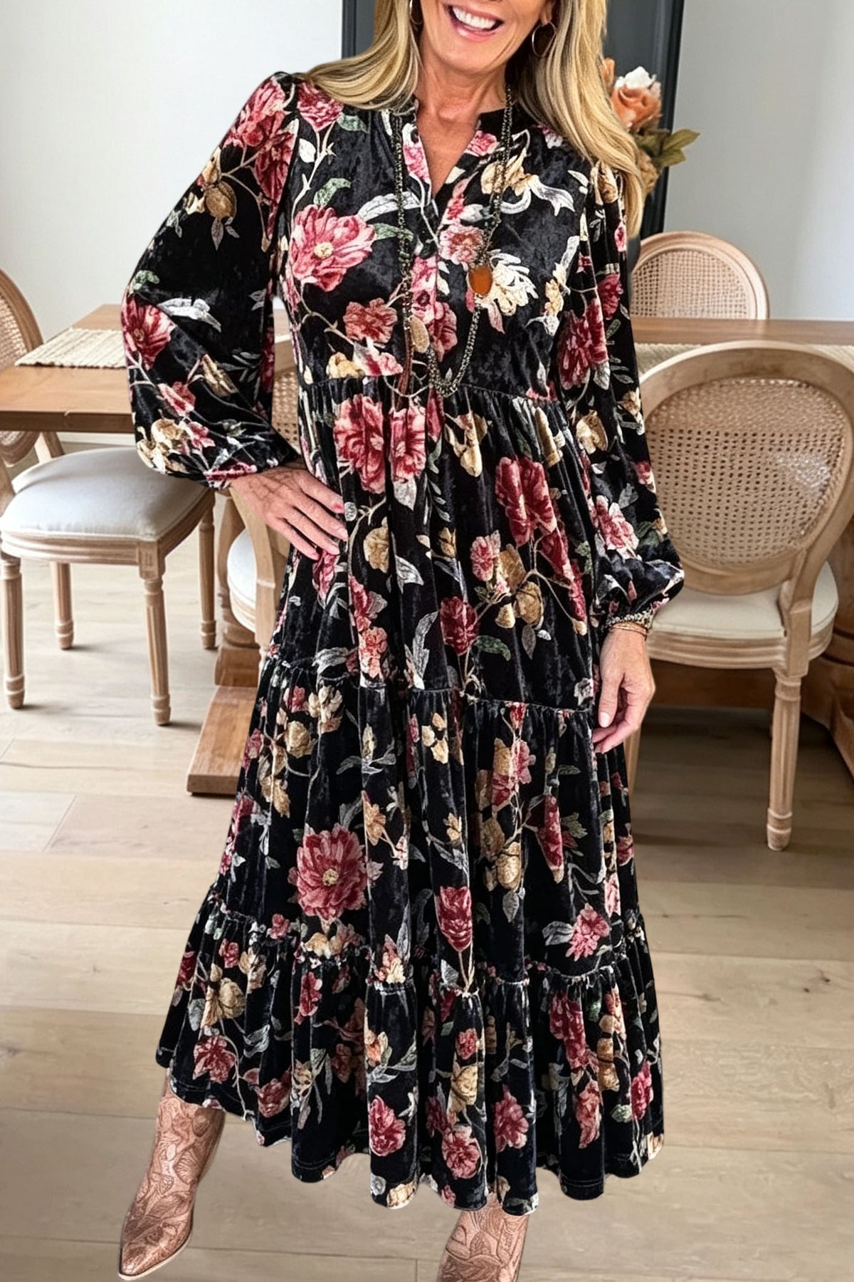 Floral Velvet Tiered Pocket Maxi Dress