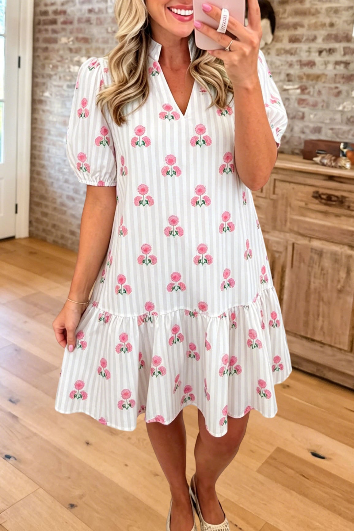 Floral Striped Ruffle Hem Dress