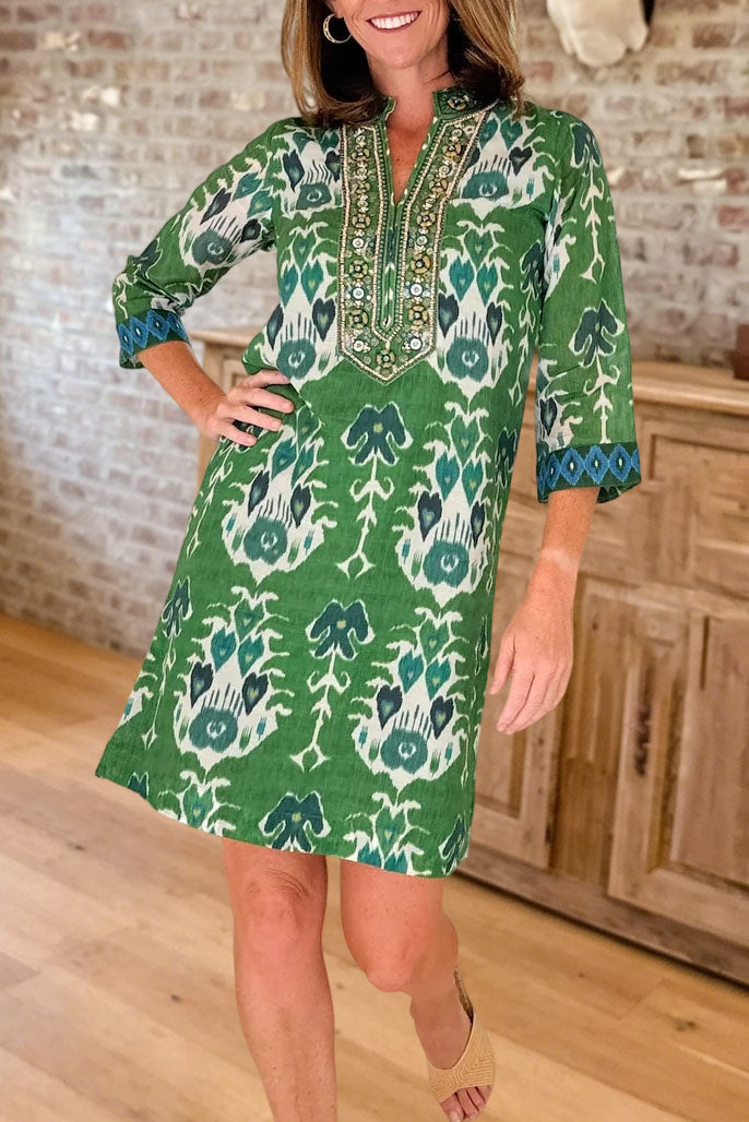 Ikat Printed Embroidered Tunic Dress