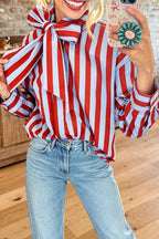 Striped Bow Tie Neck Long Sleeve Blouse