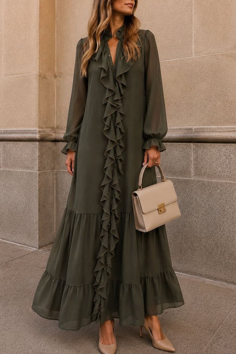 Elegant Ruffle Trim Long Sleeve Maxi Dress