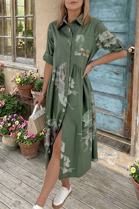 Floral Printed Button Shirt Midi Dress