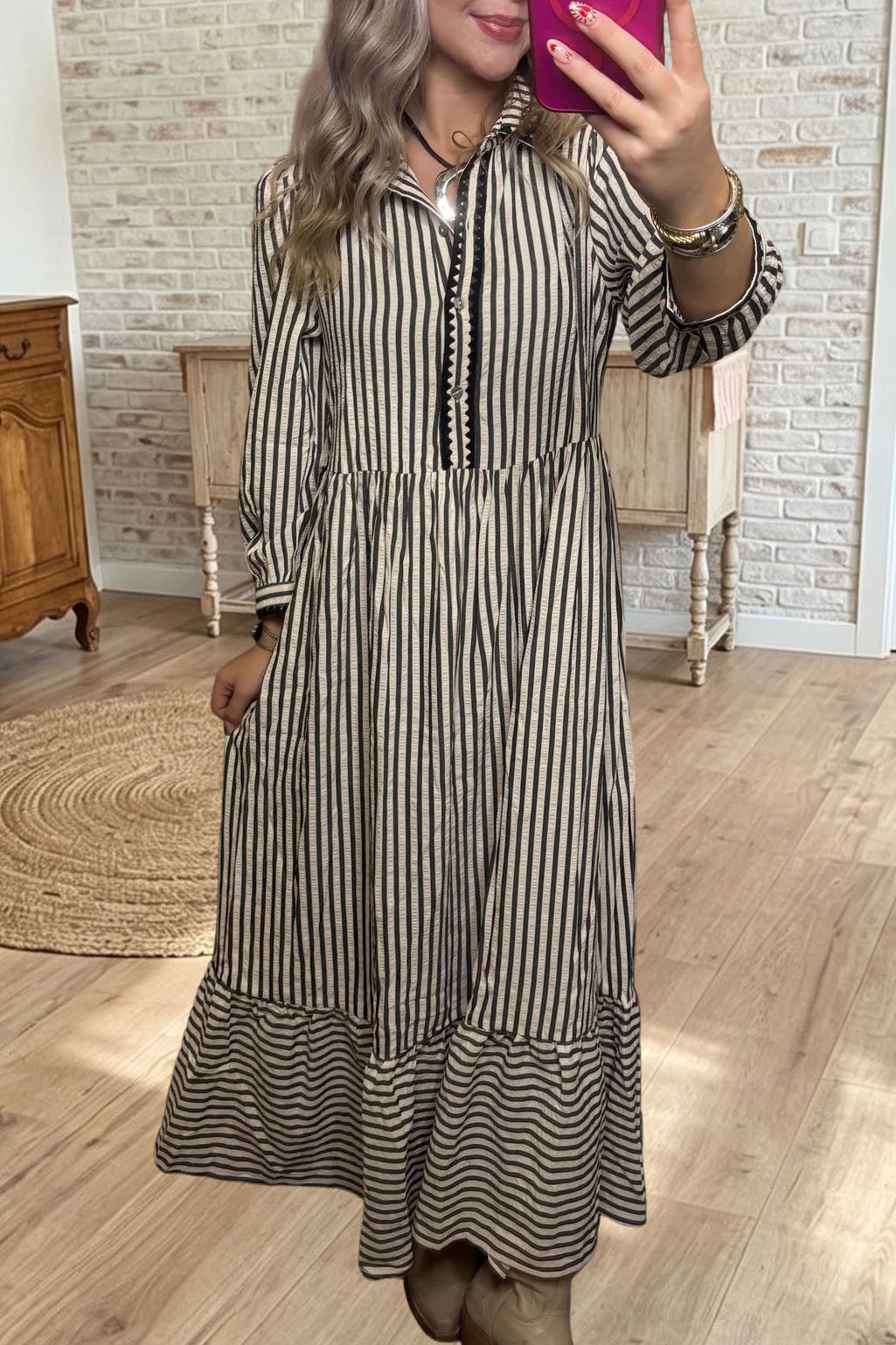 Striped Ruffle Hem Long Sleeve Maxi Dress