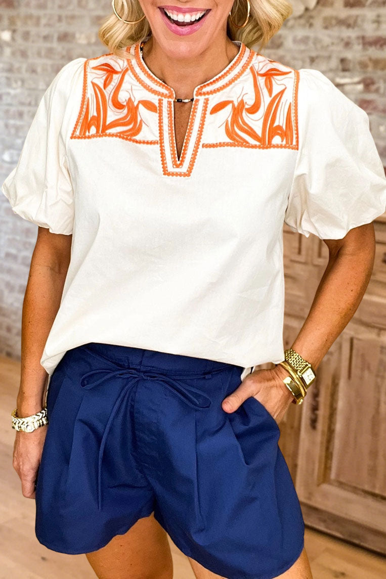 Embroidered V Neck Puff Sleeve Top