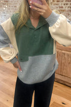Casual Color Block Button Sweatshirt