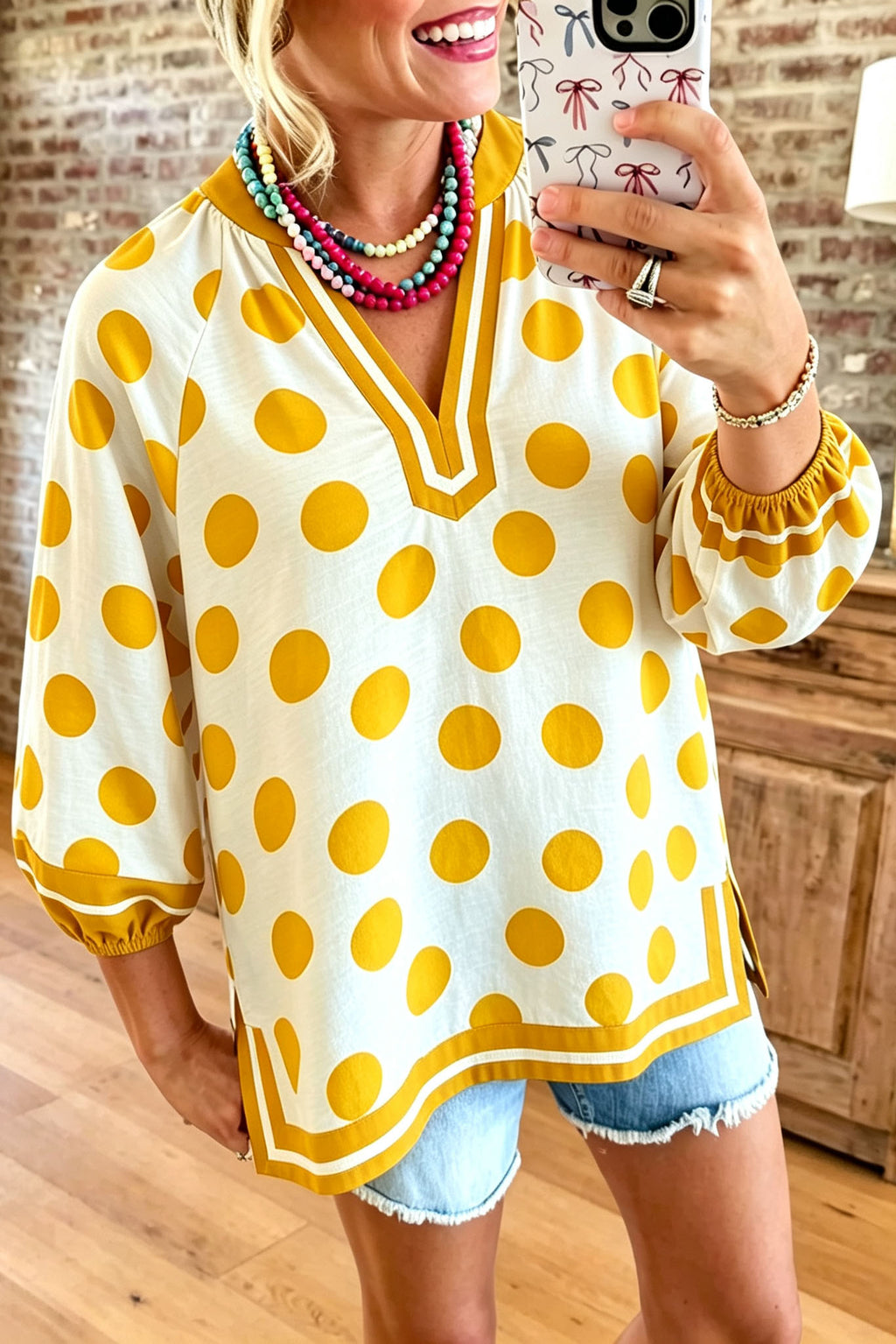 Retro Polka Dot Split V-Neck Top