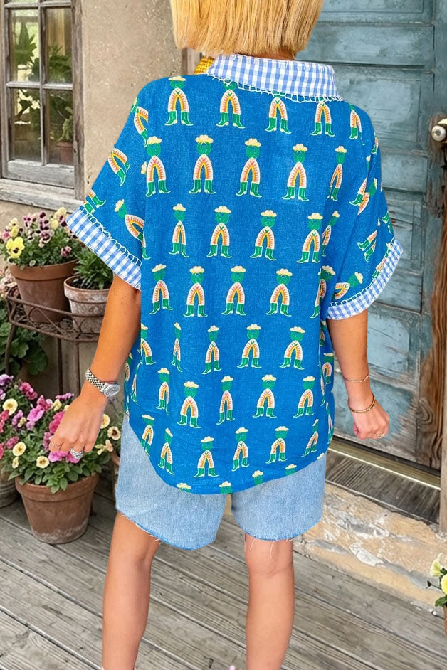 Graphic V-Neck Short Sleeve Blouse
