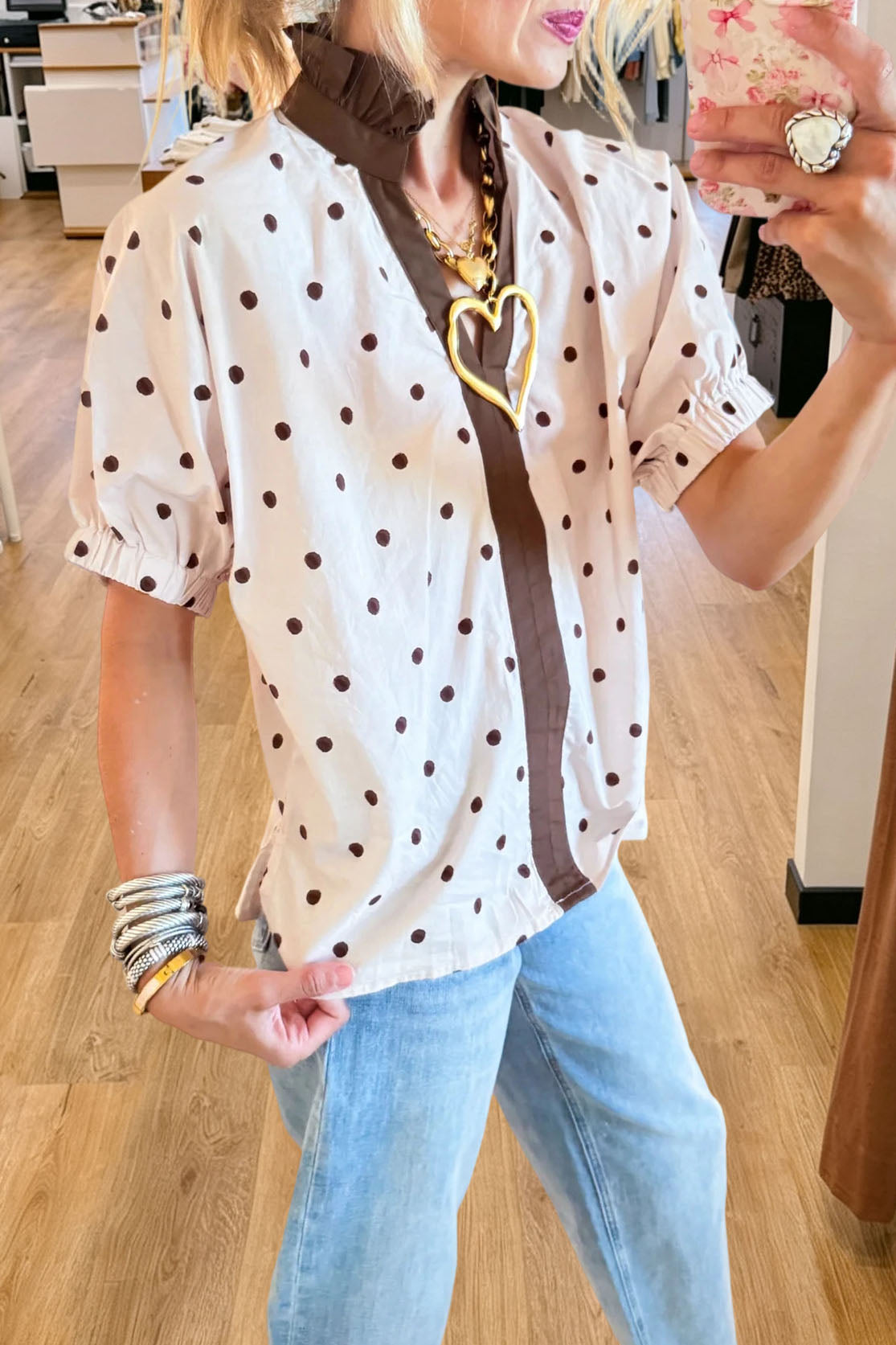 Polka Dot Ruffle Collar Blouse
