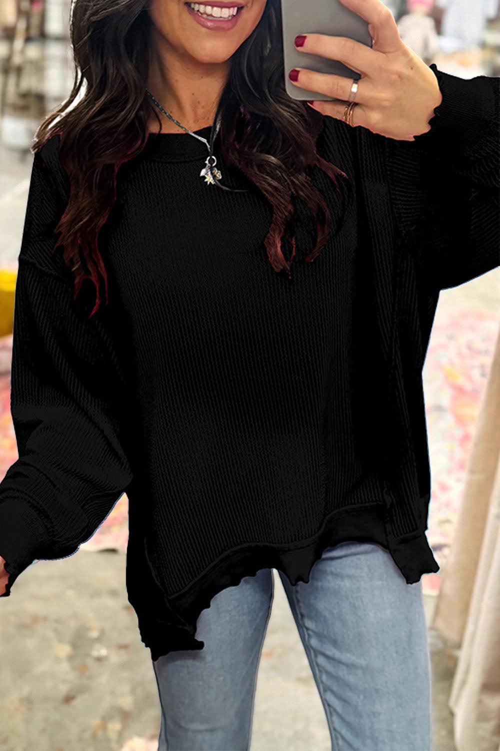 Waffle Raw Hem Pullover Sweatshirt