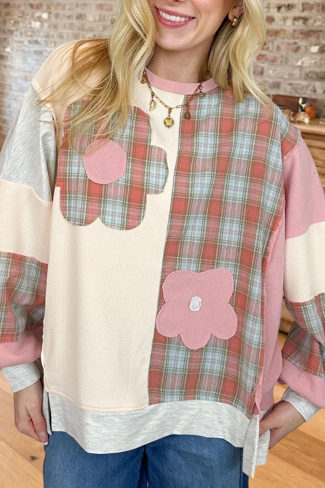 Floral Plaid Patchwork Waffle Sweatshirt