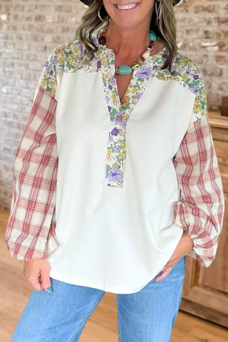 Floral Plaid Patchwork V-Neck Top