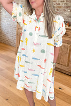 Sea Print Ruffle Puff Sleeve Pocket Dress