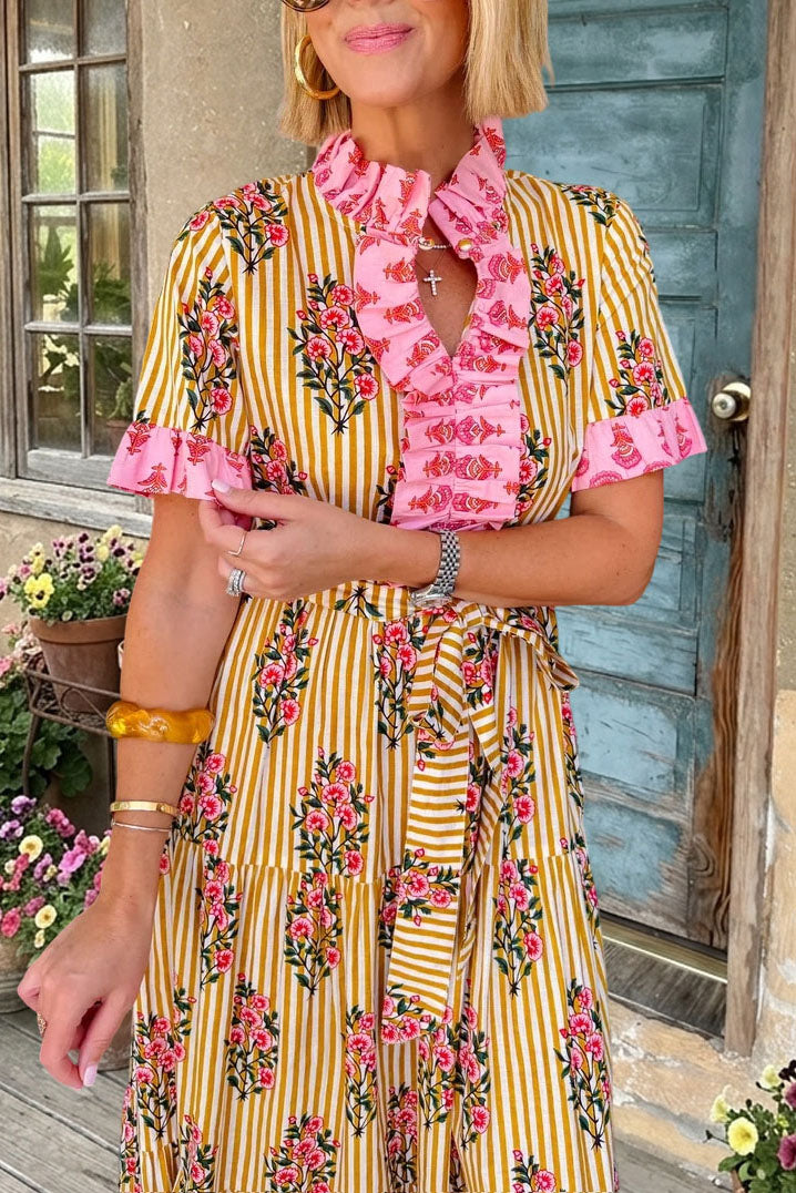 Floral Striped Ruffle Maxi Dress