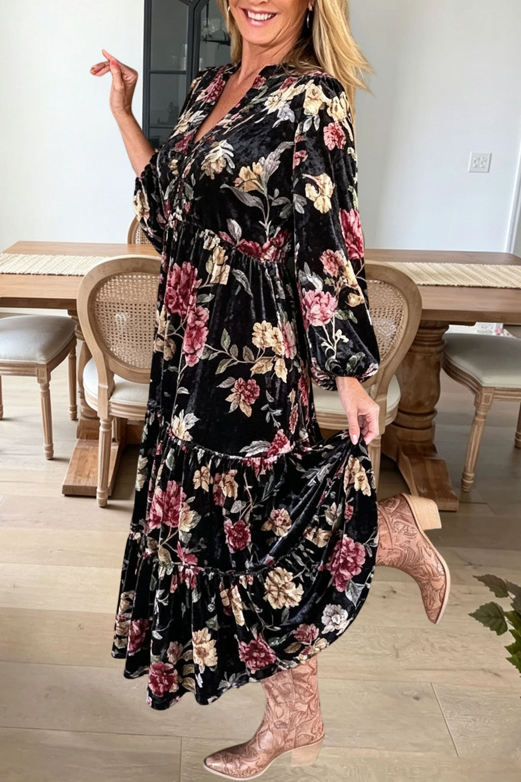 Floral Velvet Tiered Pocket Maxi Dress