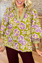 Floral Print V Neck Puff Sleeve Blouse