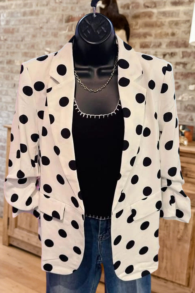 Polka Dot Ruched Sleeve Blazer