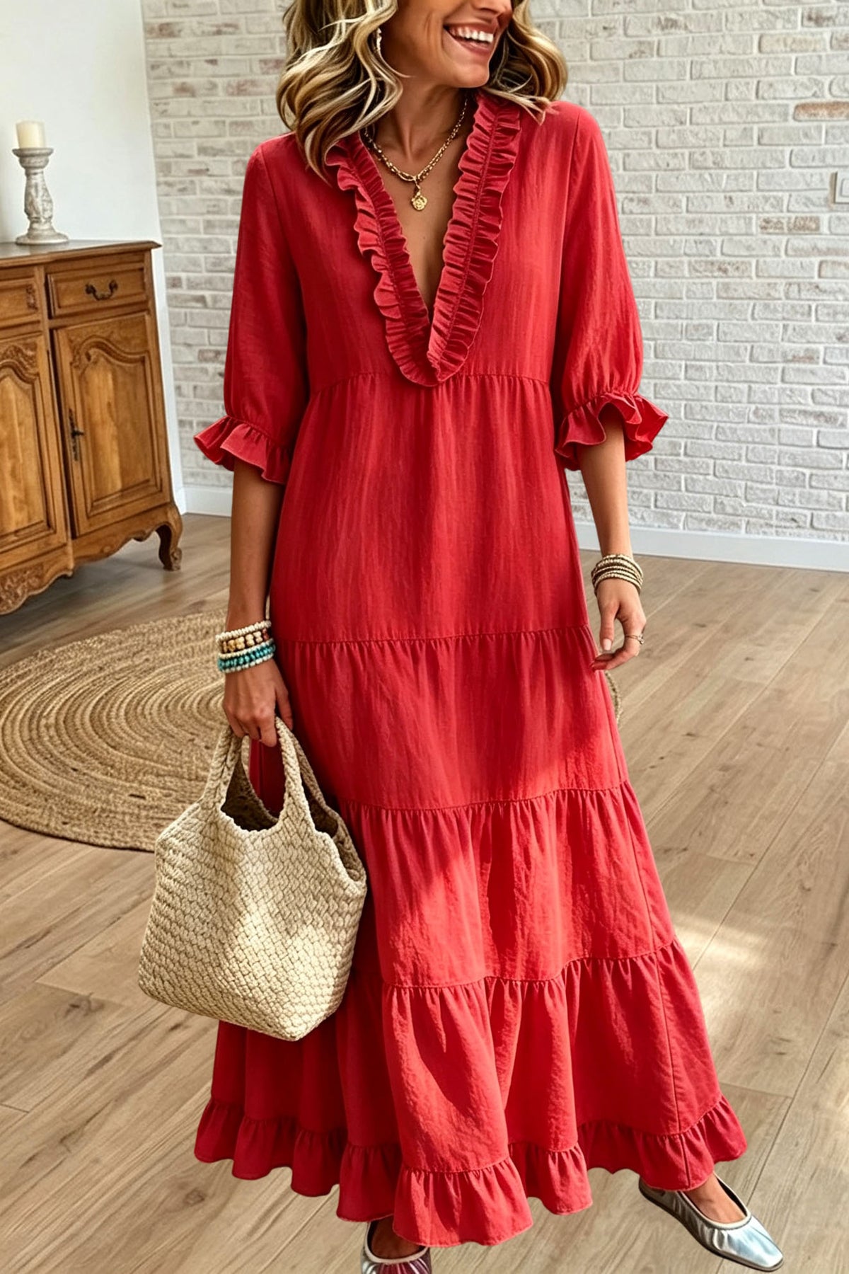 Ruffle V Neck Maxi Dress