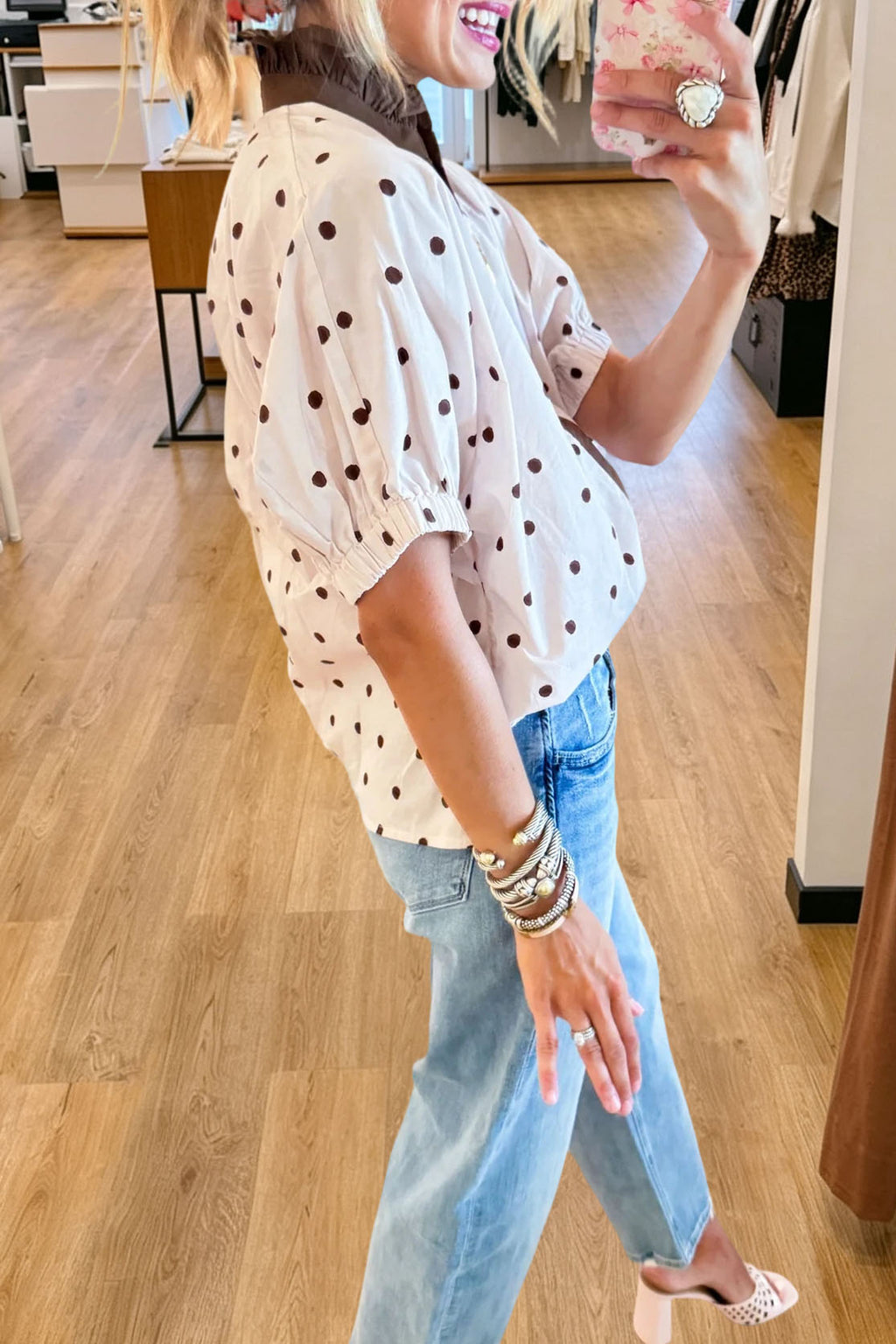Polka Dot Ruffle Collar Blouse